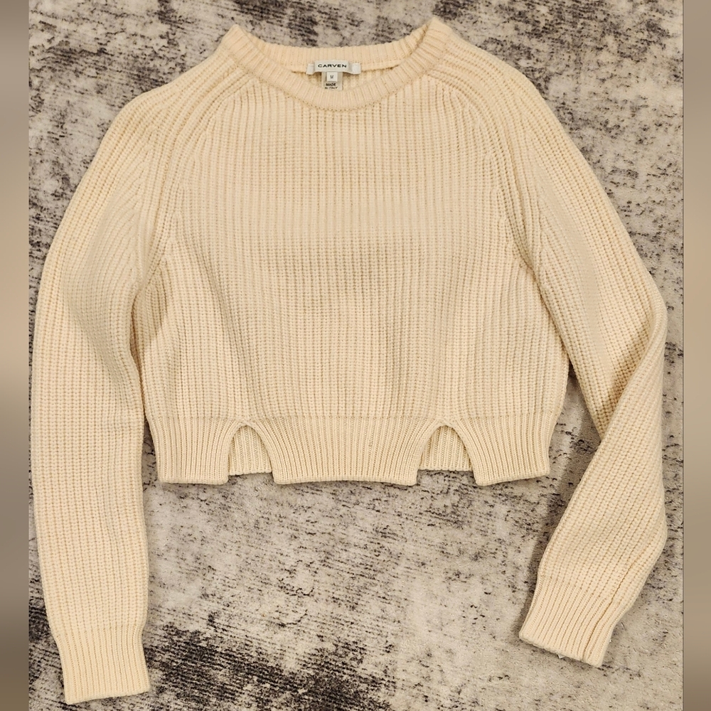 Carven $1,090 Made In Italy 100% Lana Wool Cropped Sweater Size XS Ivory